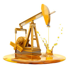 Golden oil pumpjack splashing oil stands on liquid pool, representing energy, fuel extraction, and petroleum industry.