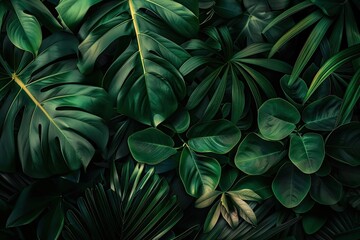 Fototapeta premium A lush collection of various green tropical leaves creating a dense, vibrant jungle texture for natural, botanical, or tropical design projects.