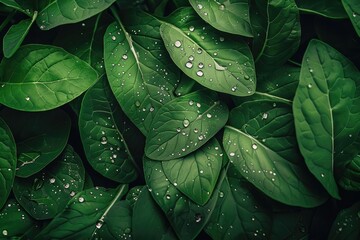 Fototapeta premium Close-up of fresh green leaves with water droplets, showcasing nature's beauty and purity. Ideal for nature, environment, and freshness themes.