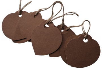 Several blank brown price tags on a transparent, white background, png for customizing