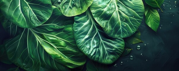 Obraz premium Close-up of vibrant green leaves with droplets of water, showcasing nature's beauty and detail in a refreshing and calming scene.