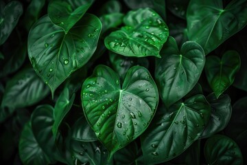 Fototapeta premium Close-up of lush green leaves covered in water droplets, showcasing nature's delicate beauty after the rain.