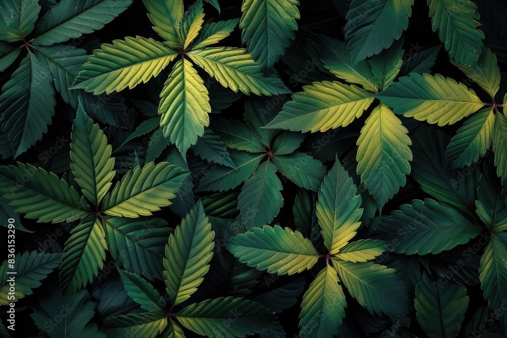 Poster close-up of lush green leaves with detailed textures and intricate patterns, creating a natural and 