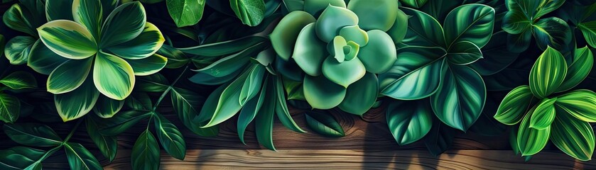 Obraz premium A vibrant close-up of lush green succulent plants arranged on a wooden surface, showcasing their rich textures and natural beauty.