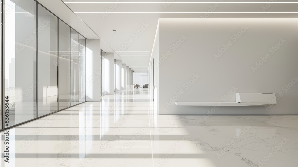 Aufkleber background image of minimalist white hallway with lighting and large windows. empty clean corridor w