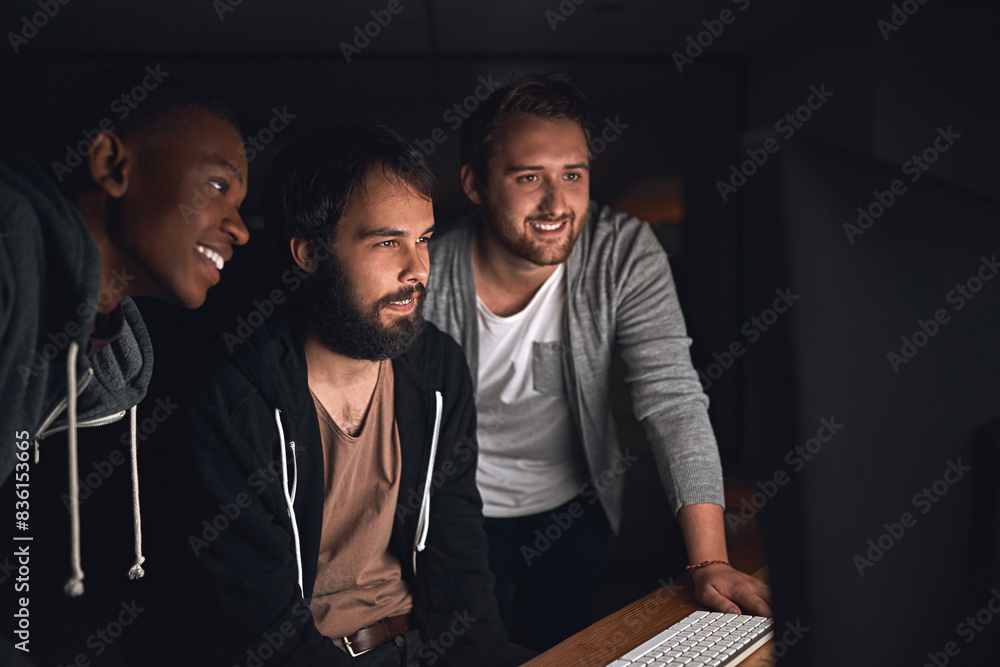 Poster Happy, men and programmers for software development, coding and collaboration at night in office. Smile, people and web design for app project meeting for update to script or algorithm and teamwork