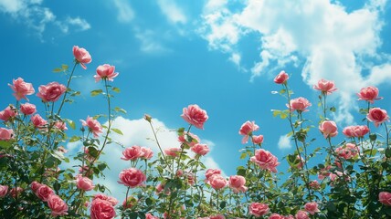 Beautiful rose garden, clouds and blue sky in the background