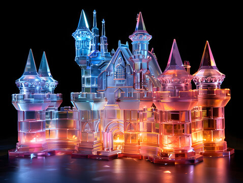 collection of colorful, fantasy-themed castle towers, each with a unique design and color scheme.