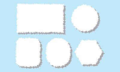 Torn and rip edge paper shape. Rough jagged rectangle frame for collage with cut border. Tear banner sheet and text box. Blank circle vintage piece set for craft. Tattered ragged sticker template