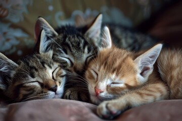 Three cute cats sleeping comfortably together in peaceful harmony, adorable feline naptime scene