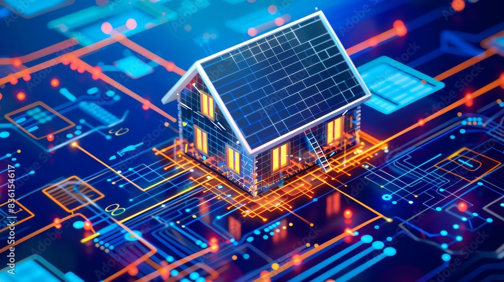 Poster a 3d rendering of a house with solar panels on a circuit board, representing smart home technology.