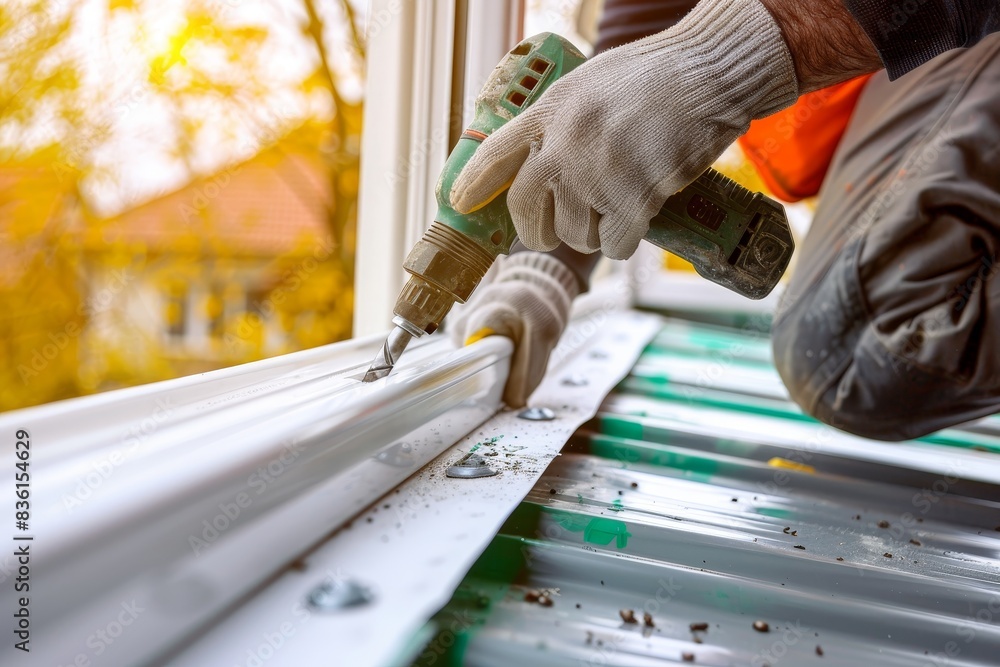 Poster skilled builder using drill to install window, adding value to property with home extension
