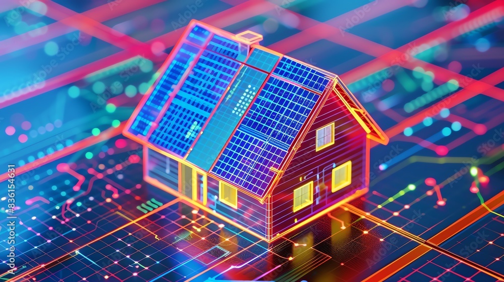 Poster a 3d rendering of a house with solar panels on a circuit board background, representing smart home t
