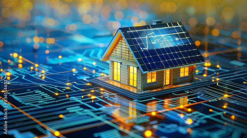 Poster smart home concept with house on a circuit board, representing automation and technology.