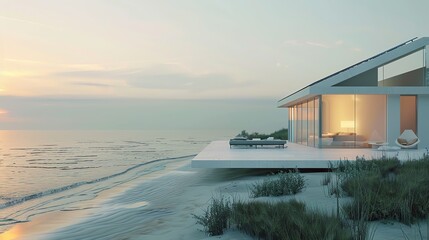 Modern beach house with large windows overlooking the ocean at sunset.