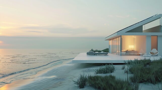Modern beach house with large windows overlooking the ocean at sunset.