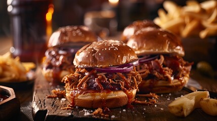 Close up of a pulled pork sandwich
