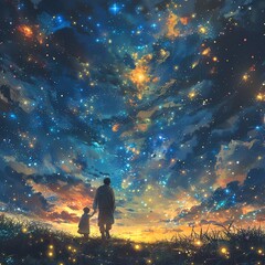 A parent and child under a starry sky, with holographic constellations illustrating a mythological tale. Sci-fi art, vibrant colors, high detail.