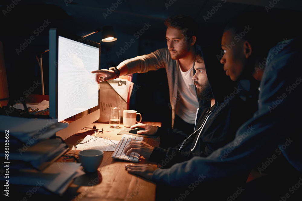Poster Web design, men and cyber security with computer for firewall breach, system glitch and collaboration. Programmer, teamwork and database encryption for corporate network protection and virus solution