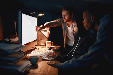 Web design, men and cyber security with computer for firewall breach, system glitch and...
