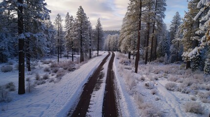 Scenic Winter Forest Road Blanketed in Snow