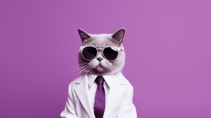 Cool cat in sunglasses and suit on purple background
