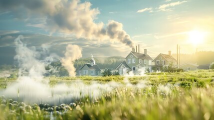 Obraz premium Charming countryside houses with steam rising from the ground, creating a magical atmosphere.