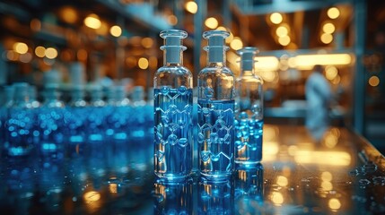 Chemistry lab with beakers of blue liquid and a molecular structure model.