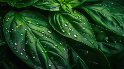 Fototapeta premium Close-up of vibrant green leaves covered in water droplets, creating a fresh and natural texture with a lush, verdant appearance.