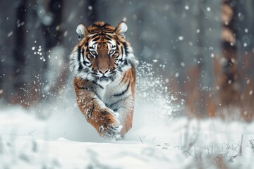 Obraz premium Amur tiger running in snowy taiga, russia. Action wildlife scene with danger animal