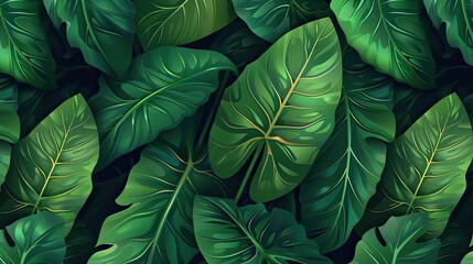 Fototapeta premium Tropical dense jungle green leaves, detailed texture. Perfect for backgrounds, nature-themed designs, wallpapers, and environmental concepts.