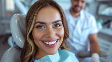 A young woman sits in the dentist's chair and smiles 
