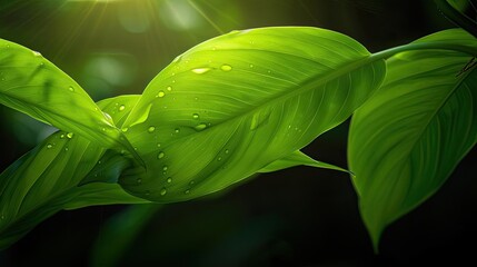 Obraz premium Close-up of vibrant green leaves with water droplets illuminated by sunlight, capturing the beauty and freshness of nature in high detail.