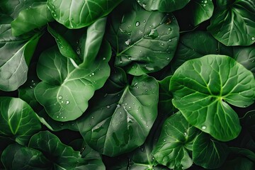 Close-up shot of lush green leaves with water droplets, capturing the freshness and natural beauty of plant foliage in detail.