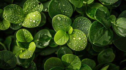 Fototapeta premium Close-up of vibrant green leaves covered in fresh morning dew, reflecting natural beauty and freshness in a serene environment.