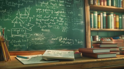 Educational Classroom with Chalkboard Filled with Complex Mathematical Equations and Textbooks