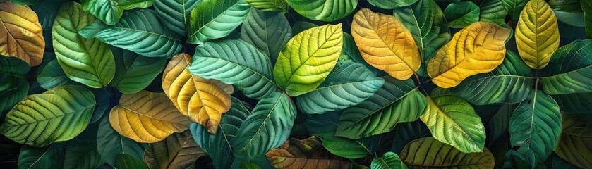 Vibrant green and yellow leaves create a lush, natural background. Perfect for nature-themed designs and creative projects.