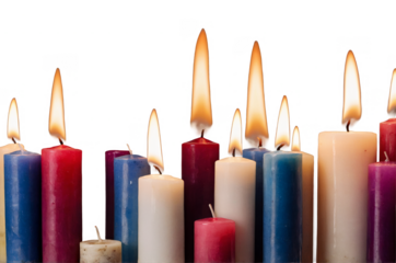 A selection of burning candles arranged in a row on a transparent, white background, ideal for png use with a focus on light and warmth