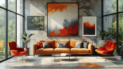 a modern living room with a large orange sofa, two orange armchairs, and a coffee table. 