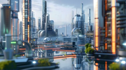 Fototapeta premium Illustration The industry of the future uses advanced production processes, Sustainable material production To create environmentally friendly products with minimal impact on the environment.