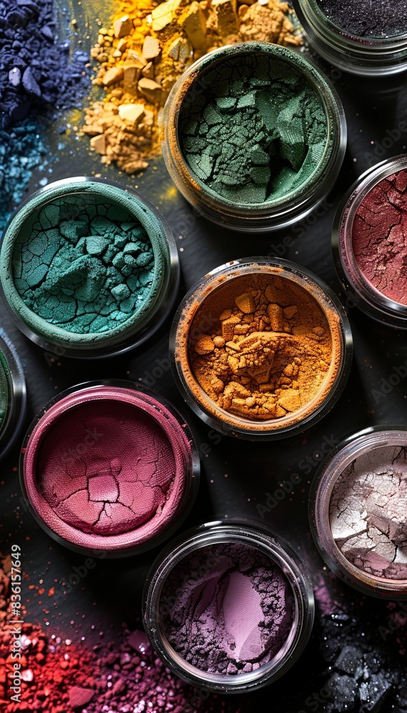 Poster An overhead view of colorful makeup pigments and powders in small jars arranged on a dark surface. Generative AI