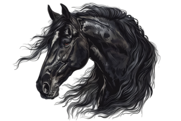 Watercolor Black Horse Head on Transparent Background, detailed design, equestrian art