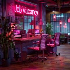 An empty office desk with a holographic "Job Vacancy" sign floating above, indicating layoffs. Cyberpunk style, neon colors, high detail.