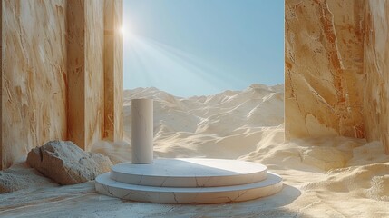 A marble podium sits in the middle of a vast desert. The sun shines down on the podium, casting a long shadow. The podium is empty, waiting for someone to step up and take their place.