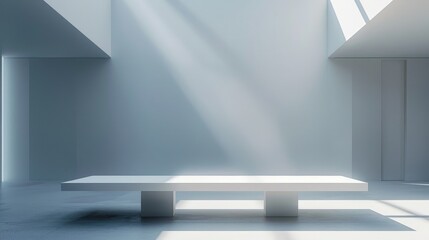 A 3D rendering of a modern art gallery with a large white sculpture in the center. The gallery is lit by natural light from the skylights in the ceiling.