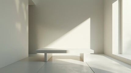 A minimalist interior design with a large window, a single table, and a few chairs. 