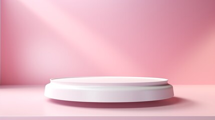 Minimalist white podium on a pink background with sunlight.