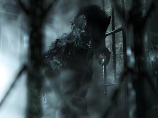 A shadowy demon, battle-scarred and fierce, lurking in a cell filled with smoke