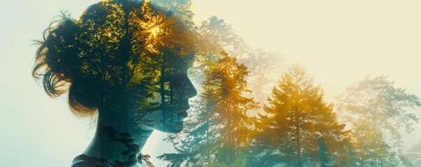 Serene forest and a woman s head combined in double exposure, isolated on white, representing inner peace and connection with nature, copy space