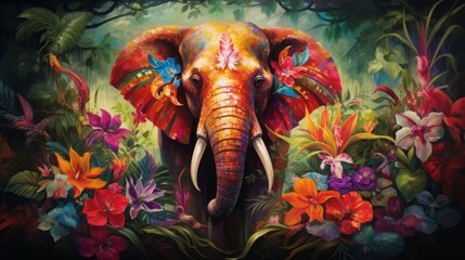Majestic Elephant with Flower Crown in Lush Jungle Oasis - Vibrant Oil Painting with Rich Detailing